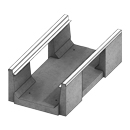 Concrete universal PT channel with solid bottom and a standard cross-section design used to create ells, tees, and crosses in pedestrian rated trench runs produced by Concast, Inc.