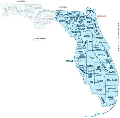 Image Link to a county map of eastern Florida which is covered by GHMR's Birmingham office