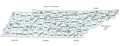 Image Link to a county map of Tennessee where Dynacom offers Telecom Sales Support