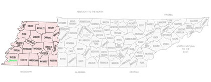 Image Link to a county map of Western Tennessee which is covered by GHMR's Little Rock Office