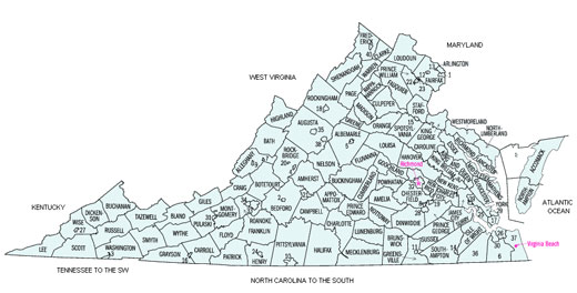 Image Link to a county map of Virginia which is represented by Chapman Company